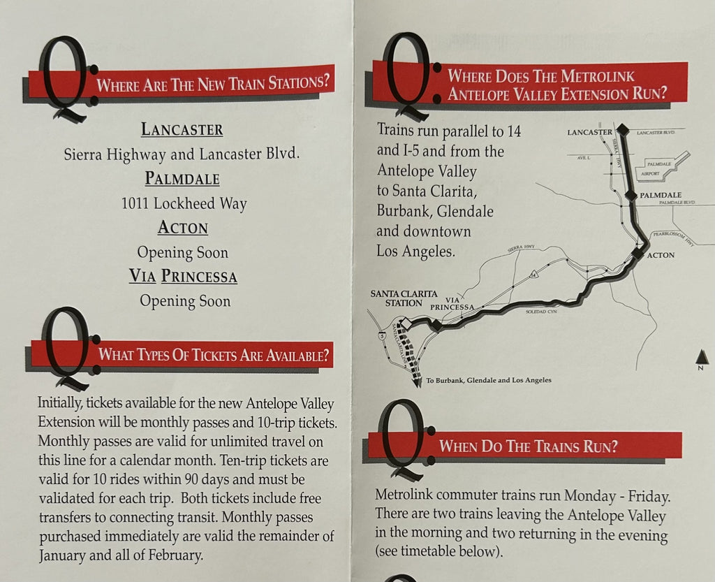 METROLINK Inaugural Service (timetable) to Antelope Valley, Jan 1994